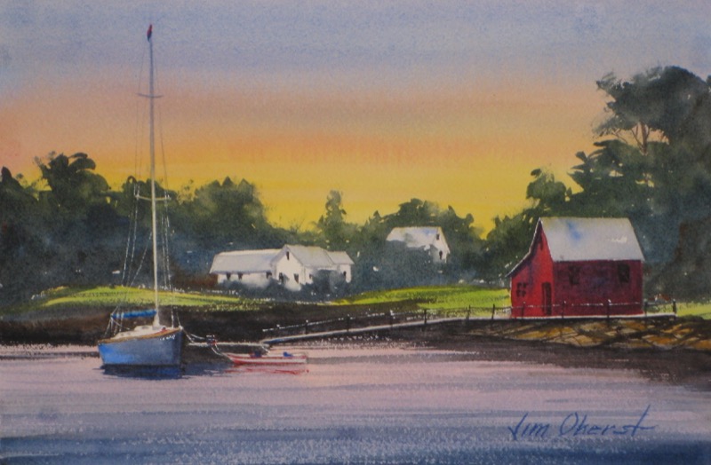 landscape seascape new england cove harbor cottage seaside sailboat dock waterfront sea original watercolor painting